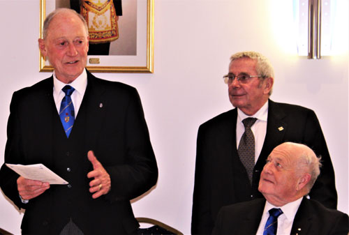 Barry responding to his toast watched by Phillip Holland (seated) and Terry Howard. Barry responding to his toast watched by Phillip Holland (seated) and Terry Howard.