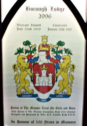 The stained-glass window at the Freemasons’ Hall at Bryn. The stained-glass window at the Freemasons’ Hall at Bryn.