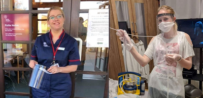 Pictured left: A nurse receives her protection visor. Pictured right: Visor in use on the ward.