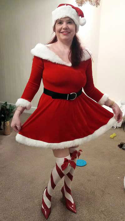 Pamela Nicholls modelling her Santa outfit.