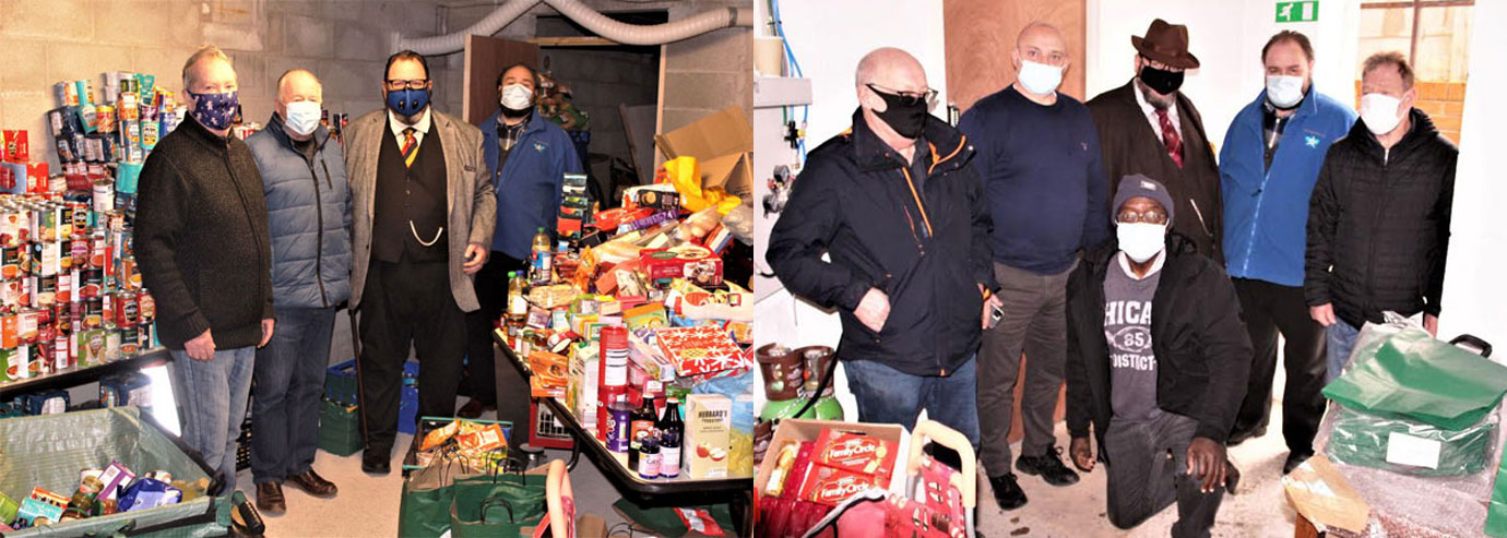 Pictured left, from left to right, are: Rod Higgins, Fred Burns, Ezra McGowan and Shaun Brookhouse, organizing the donations. Pictured right, from left to right, are: Ken Harding, Darren Gregory, Shaun Brookhouse, Ezra McGowan, Steve Masters and Sylvester During (kneeling) preparing to sort produce for delivery
