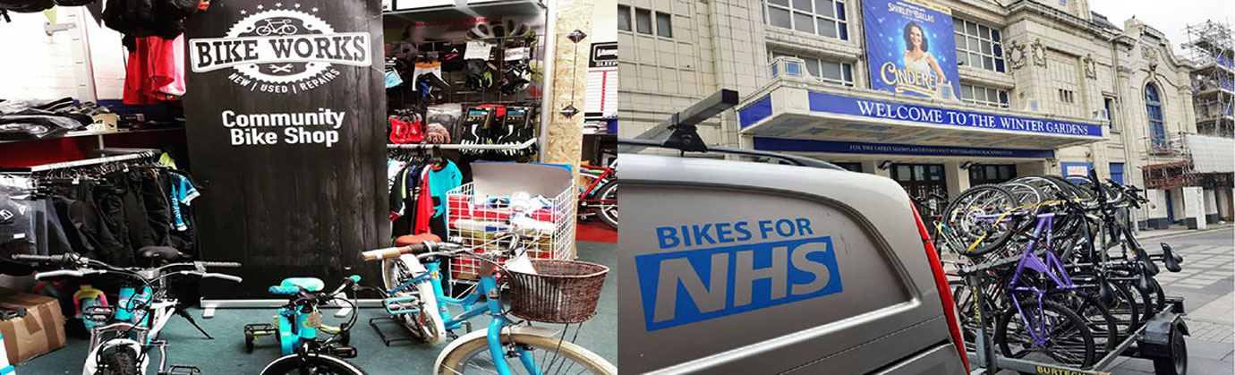 Pictured left: The Bike Works community bike shop. Pictured right: The Winter Gardens drop-off point for NHS staff.