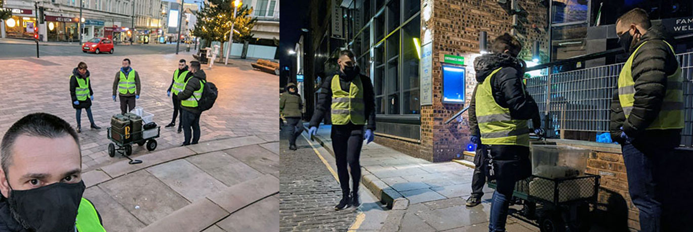Pictured left: The ULOL team in the city centre. Pictured right: Waiting to meet regular service users.