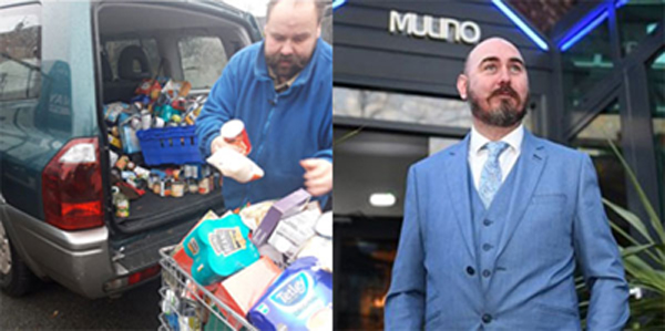 Pictured left: Ezra McGowan hard at work loading food by the van load. Pictured right: Wayne Devlin outside the venue of his 24-hour Swing-a-thon.