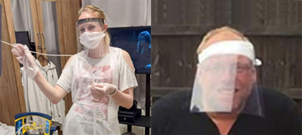 Pictured left: At the height of the pandemic, Darren’s PPE equipment in frontline use. Pictured right: Keith wearing one of his face protectors.