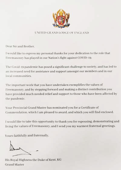 Copy of the letter from the Grand Master.