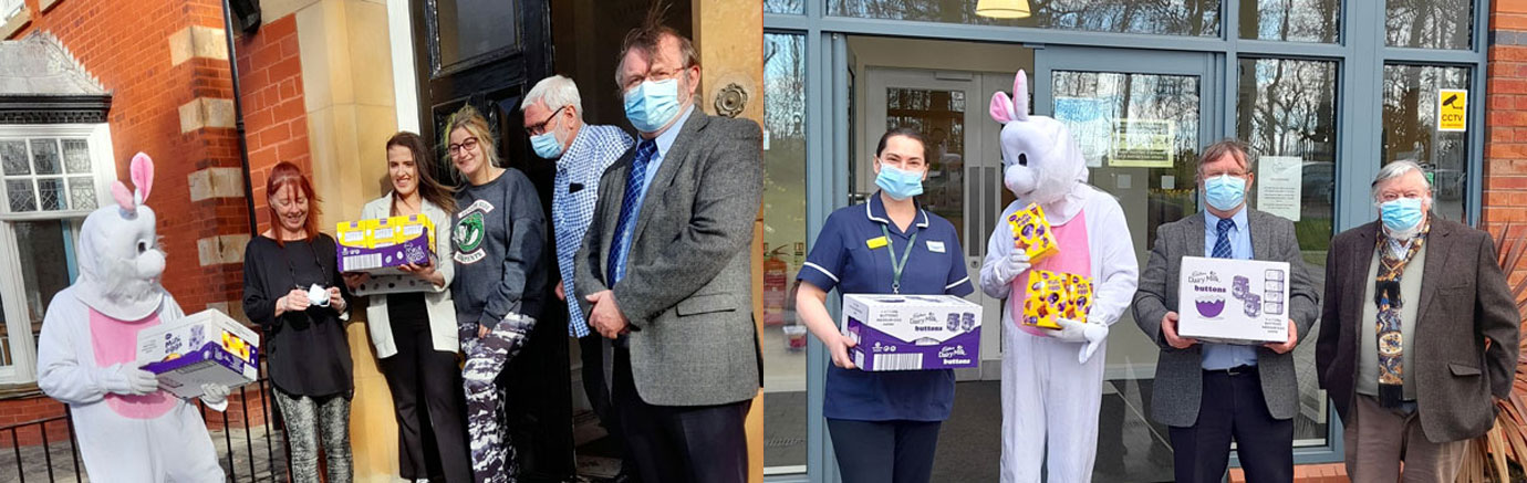 Pictured left: Staff and residents of Clumber Lodge thank Easter bunny. Pictured right: St Joseph’s Hospice nurse Elaine with Bunny, Alan and Alex.