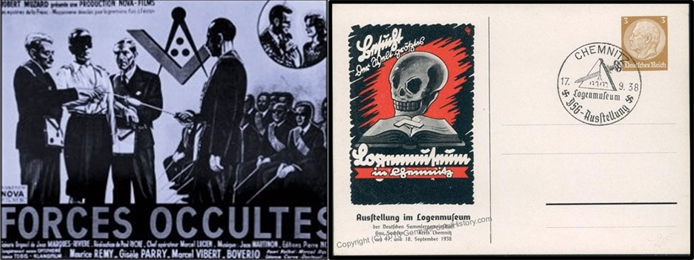 Pictured left: Anti-Freemason Nazi propaganda from Gary’s slides. Pictured right: More propaganda from World War 2.