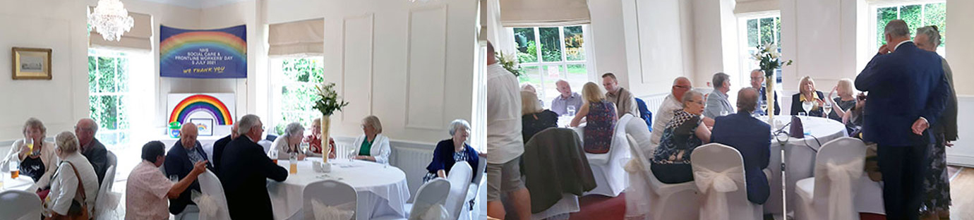 Pictured left: Masons with family and friends have a catch up with the NHS display in the corner. Pictured right: More attendees enjoying the catch up.