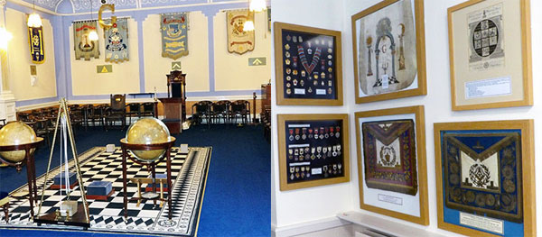 Pictured left: The magnificent lodge room at the Masonic hall. Pictured right: A very small selection of the Masonic museum’s extensive collection.