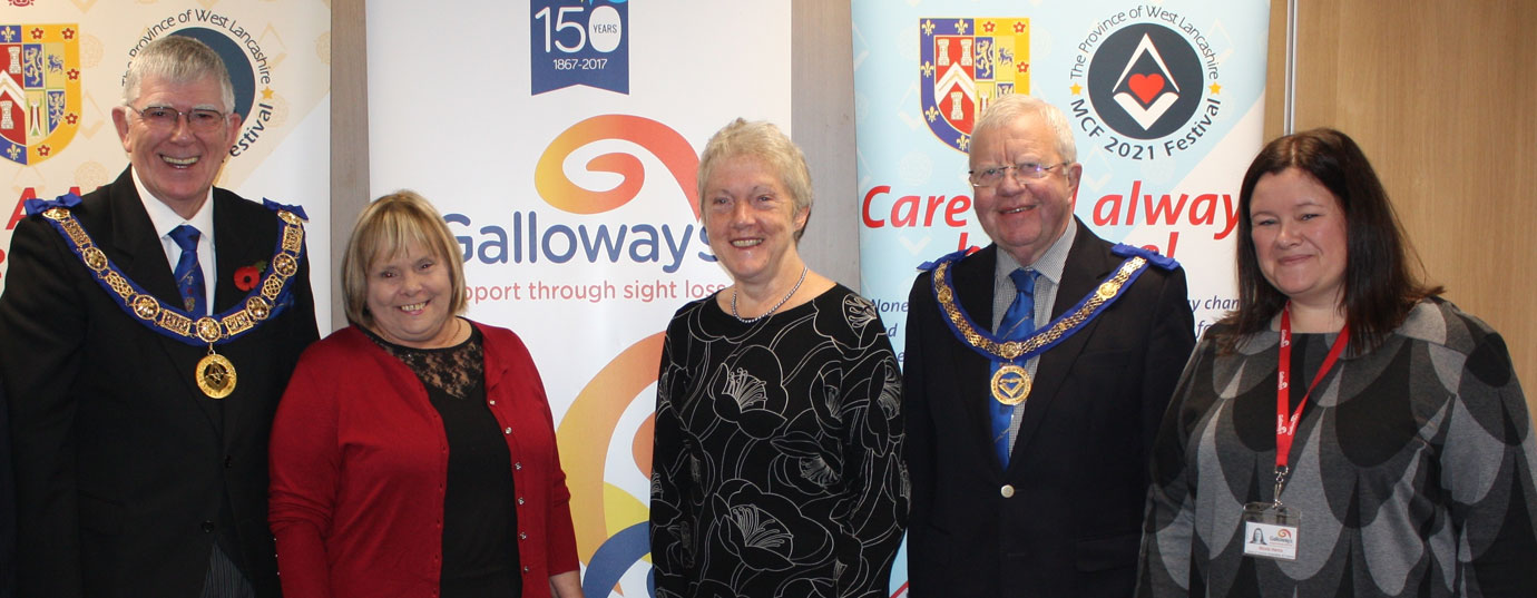 Pictured from left to right, are: Tony Harrison with partially sighted service users Linda McCann from Preston, Laurel Devey from Southport, Keith Kemp and Nicola Hanna, Head of Income Generation at Galloway’s.