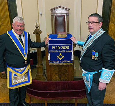 Centenary pedestal cushion presented by Mark Lawrence’s brother Kevin from East Kent (left) to Mark (wearing the Centenary Jewel). Centenary pedestal cushion presented by Mark Lawrence’s brother Kevin from East Kent (left) to Mark (wearing the Centenary Jewel).