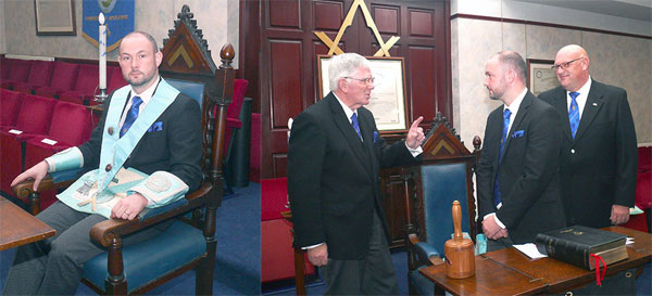 At Leyland St Andrew’s Lodge. Pictured left: Paul in the master’s chair. Pictured right: Tony passes on some advice before the installation.