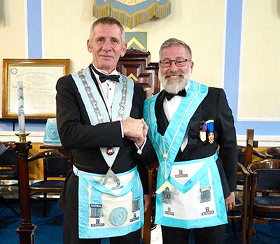 Newly-installed WM of Rectitude Lodge of Blackpool Jimmy Wilkes (left) and immediate past master Bob Marsden.