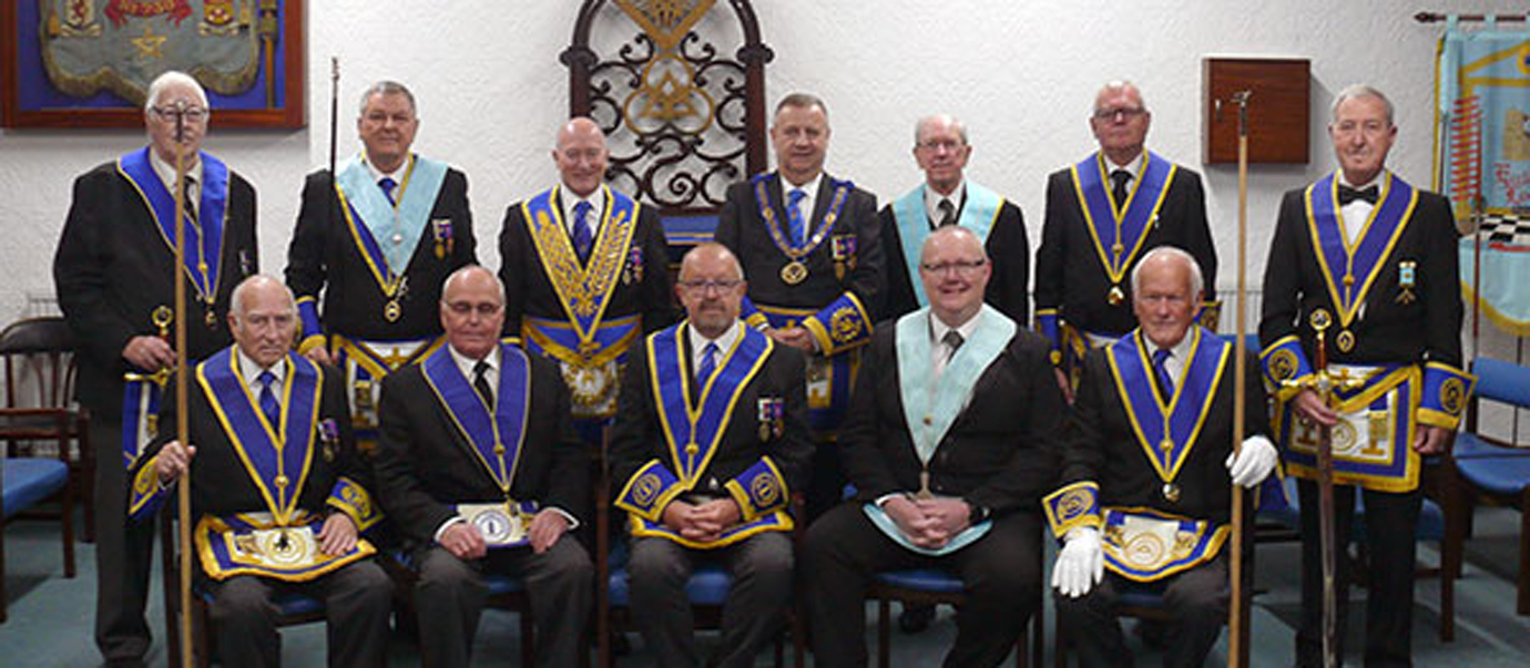Members of Chorley Lodge with Peter Locket (centre back row) and Peter Allen (third left back row).