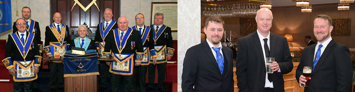 Pictured left: WM David Hargreaves with the grand and acting Provincial grand officers. Pictured right: The three junior brethren, Jonathon Battersby, Andrew McVee and David Peacock. 