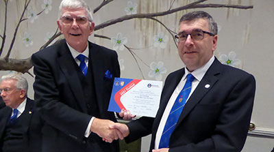 Tony presents the Vice Patron Certificate to the WM Paul. Tony presents the Vice Patron Certificate to the WM Paul.