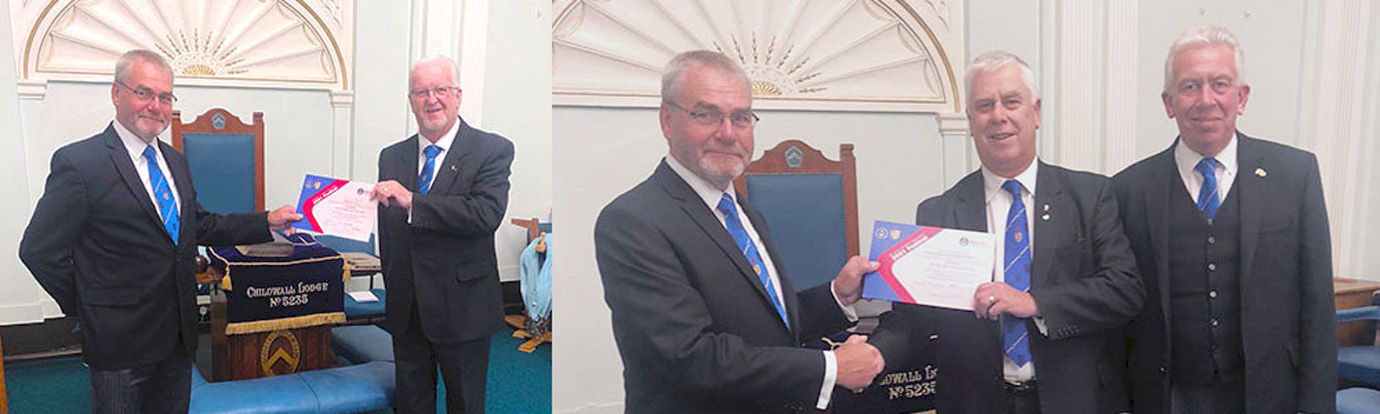 Pictured left: Barry Fletcher (left) presents the certificate to Mark Connell. Pictured right: Barry Fletcher (left) presents the certificate to Dave Johnson and Mark Matthews. Pictured left: Barry Fletcher (left) presents the certificate to Mark Connell. Pictured right: Barry Fletcher (left) presents the certificate to Dave Johnson and Mark Matthews.