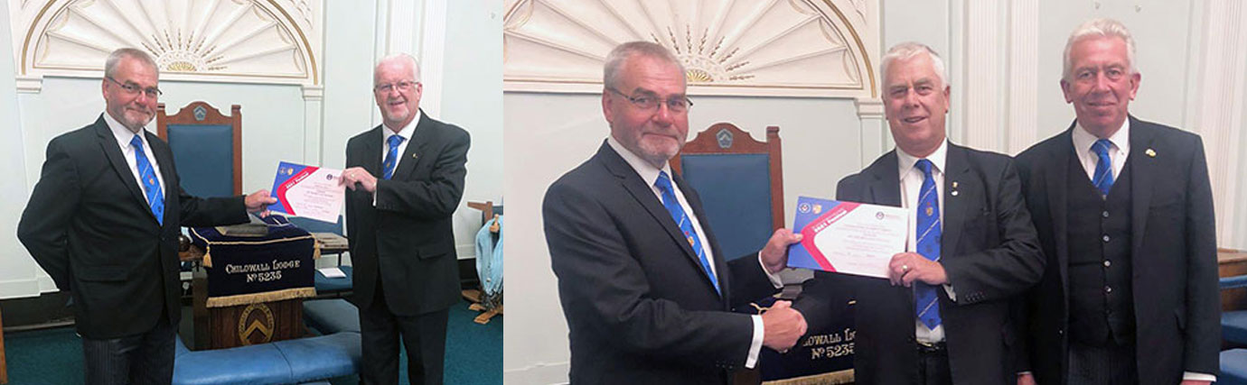 Pictured left: Barry Fletcher (left) presents the lodge’s certificate to Mark Connell. Pictured right: Barry Fletcher (left) presents the group’s certificate to Dave Johnson and Mark Matthews