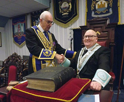 Peter Greathead (left) thanks Joe O’Brien for his service to the lodge. Peter Greathead (left) thanks Joe O’Brien for his service to the lodge.