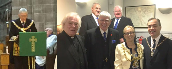 Pictured left: Tony Harrison addresses the congregation. Pictured right from left to right front row, are: Godfrey Hirst, Tony Harrison, Yvonne Klieve and her consort. Back row: Andy Whittle (left) and a Provincial officer.