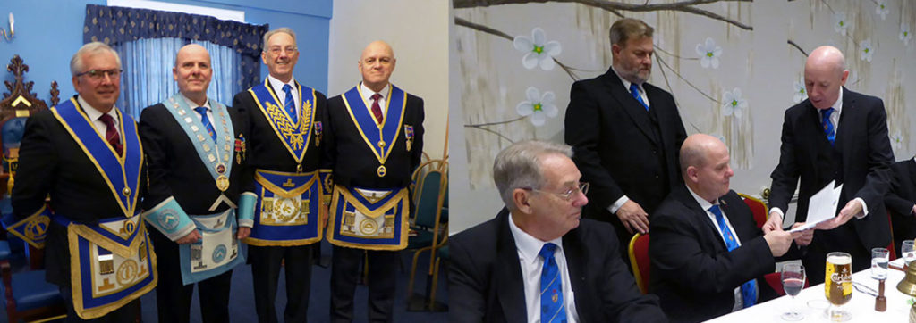 Pictured left from left to right, are: group vice chairman Mike Cunliffe, Alan Routledge Howard Griffiths and group vice chairman David Atkinson. Pictured right: Ian McGovern presents Alan Routledge with a signed card while director of ceremonies David Boyes keeps an eye on proceedings.