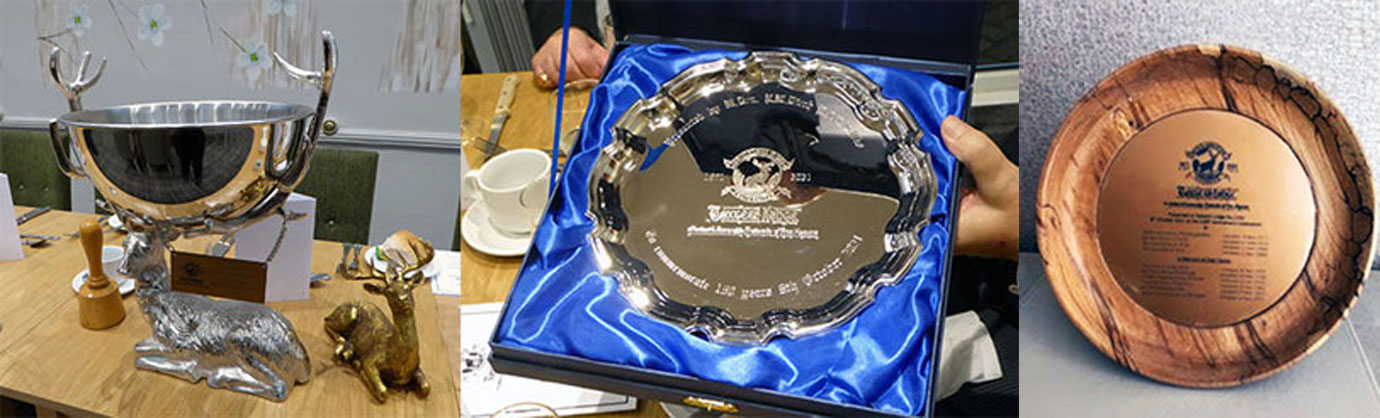Pictured left: The lodge’s new punch bowl. Pictured middle: The silver charity plate. Pictured right: Wooden charity plate turned by Mike Cunliffe and donated by Eric Binks in memory of all the family members who have been members of the lodge since 1935.