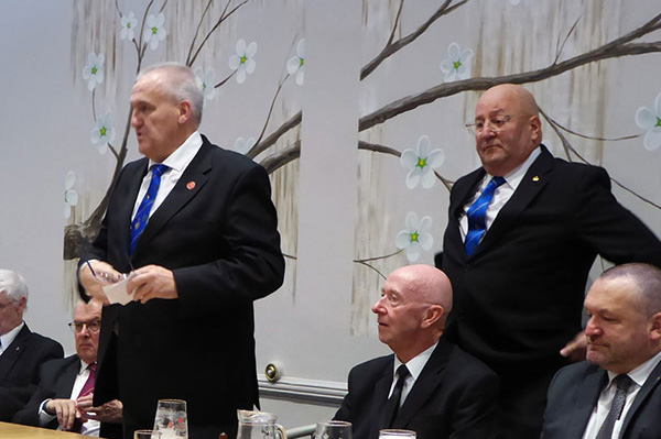 Andrew Whittle responds to the toast with lodge director of ceremonies Phil Gambrill standing behind. Andrew Whittle responds to the toast with lodge director of ceremonies Phil Gambrill standing behind.