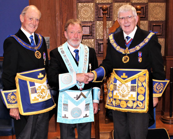 At Hand and Heart Lodge.  Pictured from left to right, are: AProvGM Barry Jameson, WM Steven Masters and ProvGM Tony Harrison.
