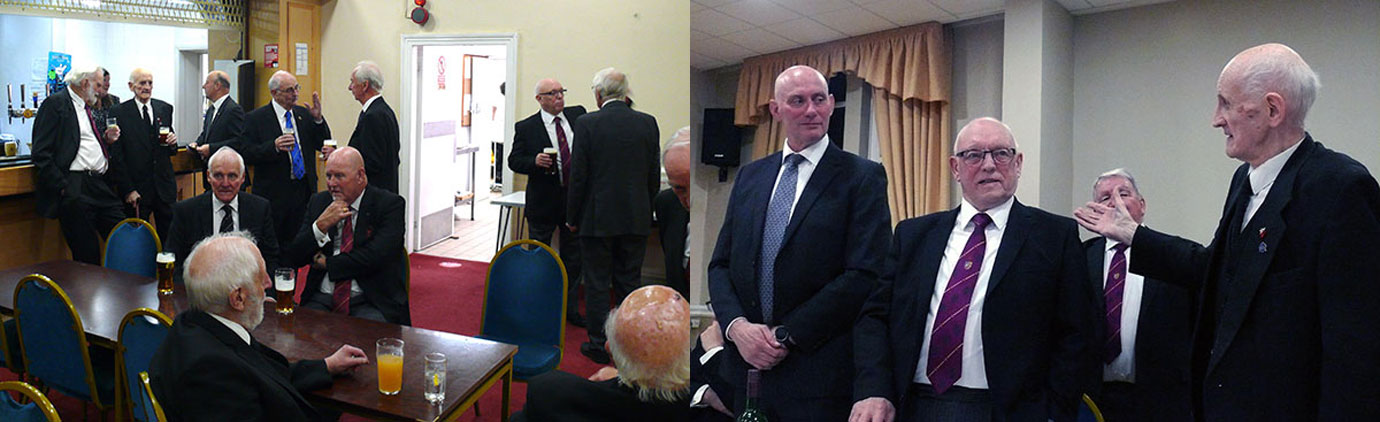 Pictured left: The companions chatting before the meal. Pictured right: The three principals, from left to right, Ray, Terry and Alan, respond to the toast to their health.