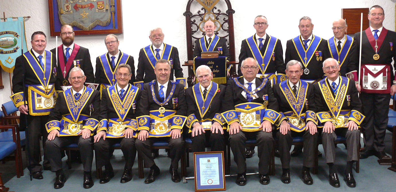 Bill (seated centre) surrounded by grand and acting Provincial grand officers. Bill (seated centre) surrounded by grand and acting Provincial grand officers.