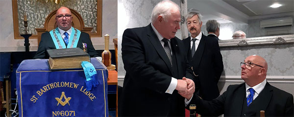 Pictured left: David Bridge getting comfy in the chair of King Solomon. Pictured right: Peter Hegarty (left) congratulating David at the festive board.