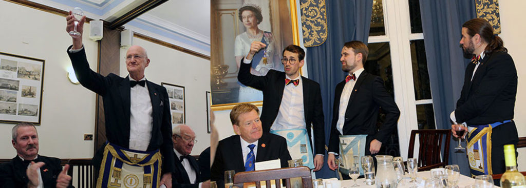 Pictured left: John McGibbon responds to the toast to his jubilee. Pictured right: Liam (left) present Krisjan with a special past master’s jewel.