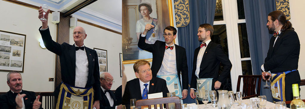 Pictured left: John McGibbon responds to the toast to his jubilee. Pictured right: Liam (left) present Krisjan with a special past master’s jewel. Pictured left: John McGibbon responds to the toast to his jubilee. Pictured right: Liam (left) present Krisjan with a special past master’s jewel.