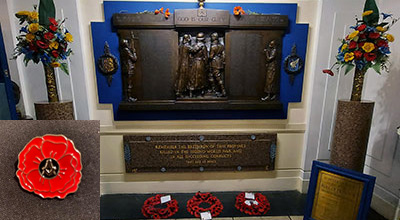 The memorial at Hope Street, Liverpool with the Masonic poppy appeal badge inset.