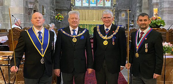 Pictured from left to right, are: Provincial Grand Director of Ceremonies Malcolm Bell, Peter Schofield; Tony Harrison and Royal Arch Provincial Grand Director of Ceremonies Dave Thomas. Pictured from left to right, are: Provincial Grand Director of Ceremonies Malcolm Bell, Peter Schofield; Tony Harrison and Royal Arch Provincial Grand Director of Ceremonies Dave Thomas.