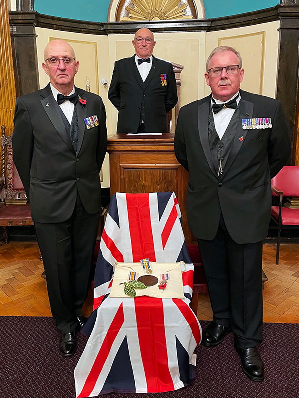 ‘The Empty Chair’ – pictured from left to right, are: Steve Linton, WM Brian Jackson and John McKenna. ‘The Empty Chair’ – pictured from left to right, are: Steve Linton, WM Brian Jackson and John McKenna.