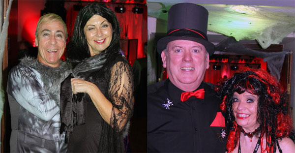 Pictured left: Clive Tandy isn’t really throttling his partner. Pictured right: Juan Topping and Pam Nicholls have clearly spent a bit on their costumes.