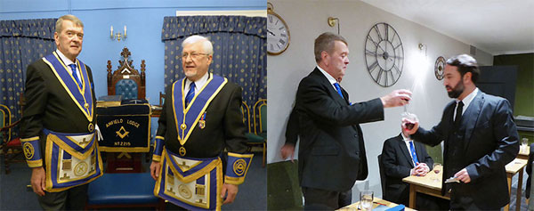 Pictured left: Gary Devlin (left) greeted by WM Eric Carroll. Pictured right: Gary (left) toasted by Mike Tattersall.