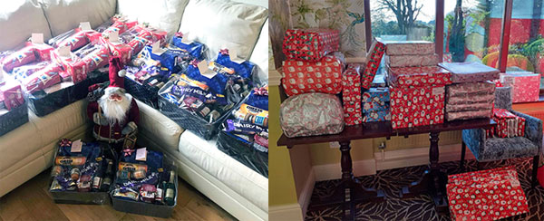 Pictured left: Hampers ready for distribution. Pictured right: Presents ready for the children’s party.