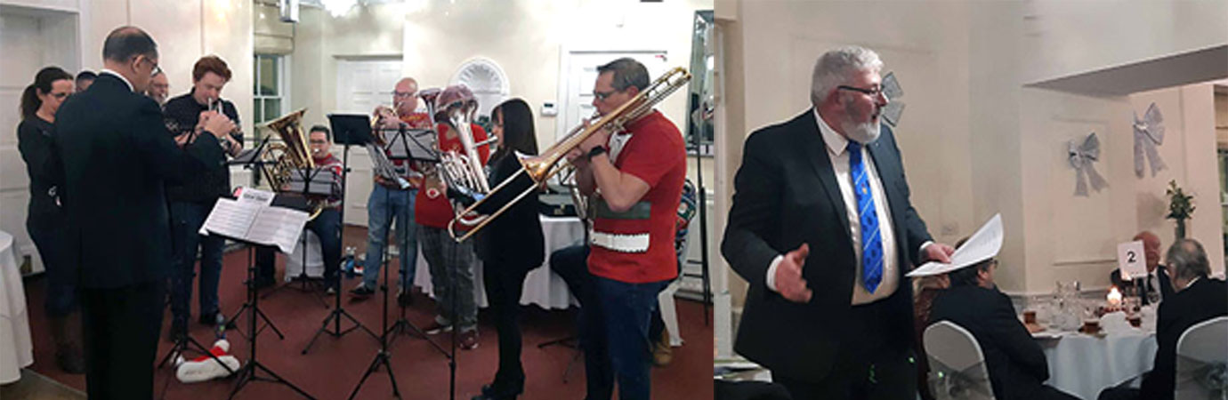 Pictured left: Rivington and Adlington Brass Band. Pictured right: Peter Hannis leading the ‘12 days of Christmas’