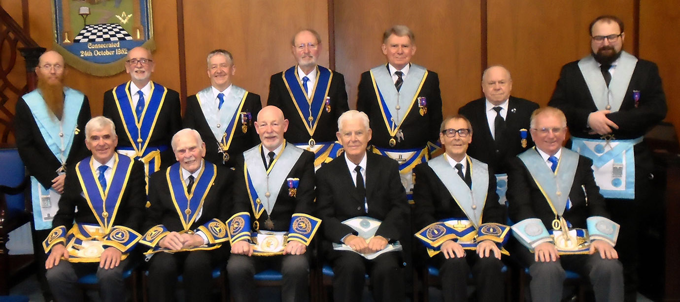 Reg (fourth left, front) is joined by members of Astley and Ellesmere Lodge.