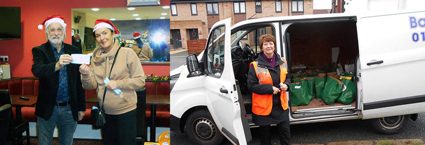 Pictured left: Mal Yates presenting a cheque for £800 to Lynnie Williams, payable to Garston Adventure Playground. Pictured right: Jackie Evans loading the van for delivery of food parcels