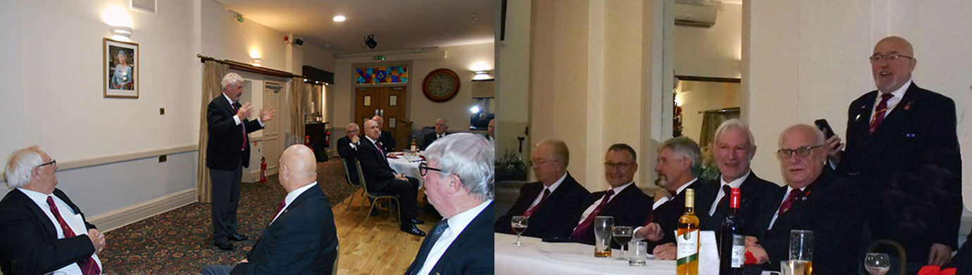 Pictured left: Paul Renton giving a short speech at the festive board in response to the toast. Pictured right: Barry Tomlinson (standing) organising the charity raffle with the principles. 