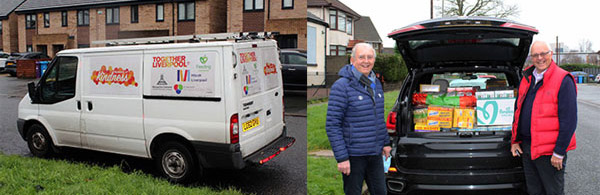 Pictured left: The Micah van arrives. Pictured right: John Reynolds (left) and Malcolm Pemberton.