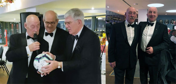 Pictured left from left to right, are: Jim Corcoran, Phil Gunning and Tony Harrison with the signed football for auction. Pictured right: Jim Corcoran (left) and brain surgeon Professor Paul May.