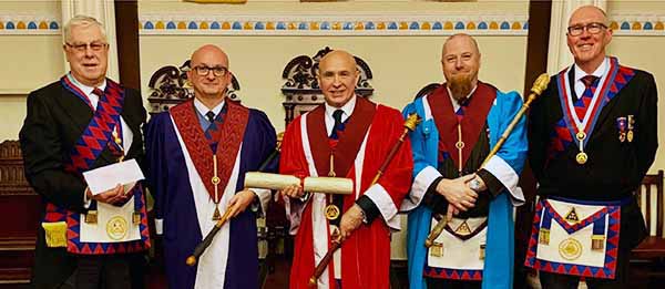 Returning the Downshire Chapter Charter: Pictured from left to right, are: Dave Johnson, Oliver Winder, Bob Martin, Ian Richards and Neil Francis. Returning the Downshire Chapter Charter: Pictured from left to right, are: Dave Johnson, Oliver Winder, Bob Martin, Ian Richards and Neil Francis.