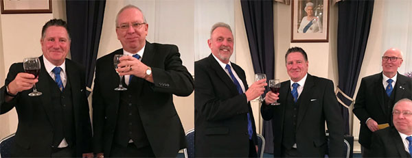 Pictured left: Brian Woodburn (left) takes wine with Paul Hardman. Pictured right: Brian Woodburn (centre) takes wine with Dave Asbridge under the watchful eye of Ray Lamb.