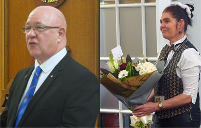 Pictured left: Dave McKee proposing the toast to John Lee. Pictured right: Pamela Nicholls with her flowers.