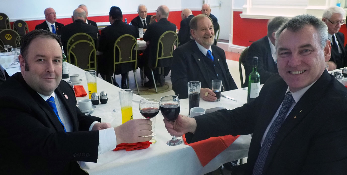 Ben Gorry (left) taking wine with Ken Greenwood of Tithebarn Lodge, with Bill Roscoe in the back ground. Ben Gorry (left) taking wine with Ken Greenwood of Tithebarn Lodge, with Bill Roscoe in the back ground.